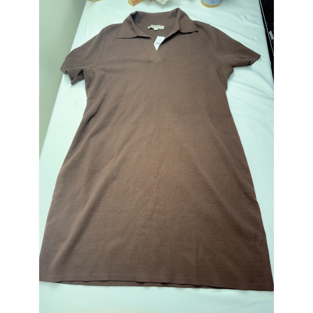 LOFT Brown Short Sleeve Polo Collar Knit Sweater Dress XL NWT Classic Elegance